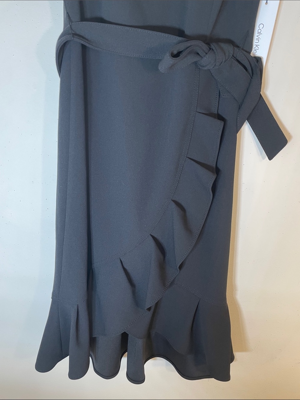 Calvin Klein Black Sleeveless Tie Waist Ruffle Wrap Midi Dress. 6. NWT. - Picture 6 of 12